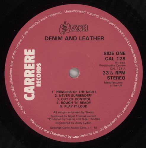 Saxon Denim And Leather + merch insert vinyl LP album (LP record) UK SAXLPDE455040