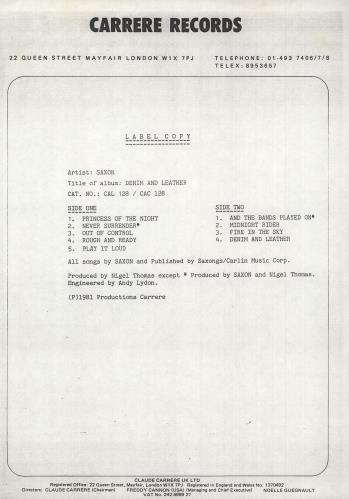 Saxon Denim And Leather - Test Pressing vinyl LP album (LP record) UK SAXLPDE744188