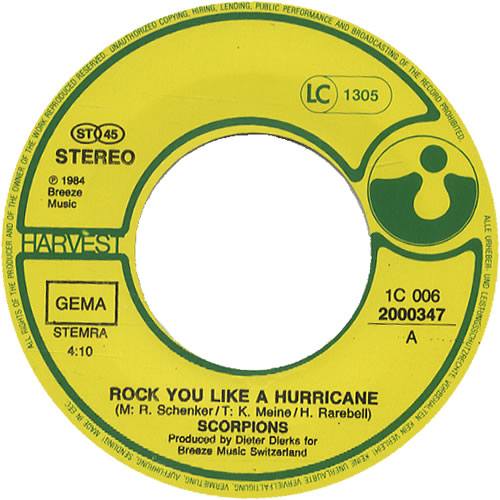 Scorpions Rock You Like A Hurricane 7" vinyl single (7 inch record / 45) German SCO07RO456971