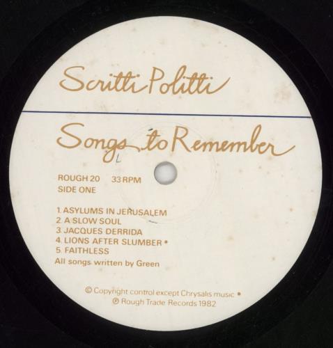 Scritti Politti Songs To Remember - Embossed Sleeve vinyl LP album (LP record) UK SCRLPSO188077