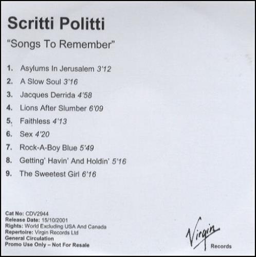 Scritti Politti Songs To Remember CD-R acetate UK SCRCRSO199879