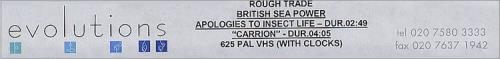 Sea Power Apologies To Insect Life/Carrion video (VHS or PAL or NTSC) UK BPWVIAP280406