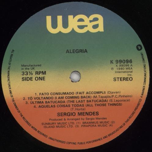 Sergio Mendes Alegria vinyl LP album (LP record) UK RGMLPAL686259
