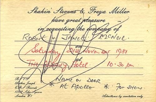 Shakin' Stevens Autographed Invitation memorabilia UK STVMMAU351357