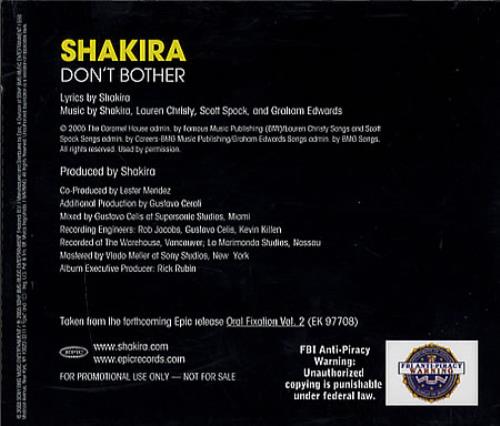 Shakira Don't Bother CD single (CD5 / 5") US IKAC5DO349844