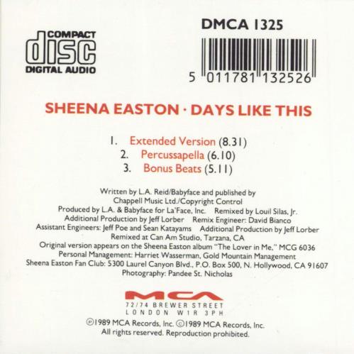 Sheena Easton Days Like This 3" CD single (CD3) UK EASC3DA35152