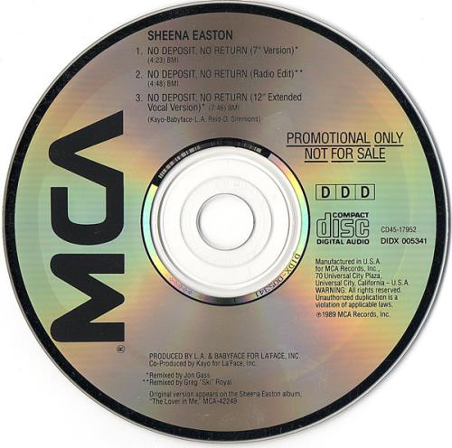 Sheena Easton No Deposit No Return CD single (CD5 / 5") US EASC5NO07647
