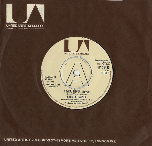 Shirley Bassey Never, Never, Never 7" vinyl single (7 inch record / 45) UK SHB07NE479853