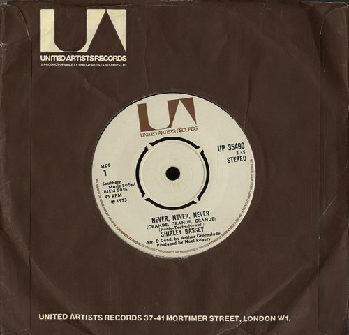 Shirley Bassey Never, Never, Never 7" vinyl single (7 inch record / 45) UK SHB07NE564539