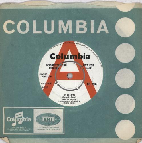 Shirley Bassey No Regrets - A Label 7" vinyl single (7 inch record / 45) UK SHB07NO835106
