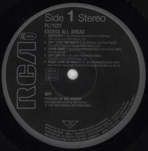 Shy Excess All Areas vinyl LP album (LP record) German S.HLPEX277081