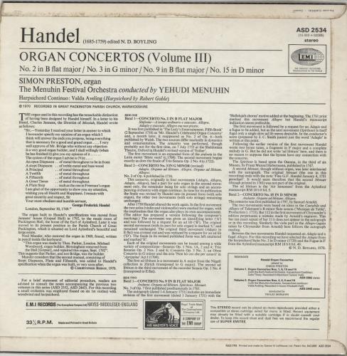 Simon Preston Handel: Organ Concertos, Vol. 3 vinyl LP album (LP record) UK YIOLPHA863797