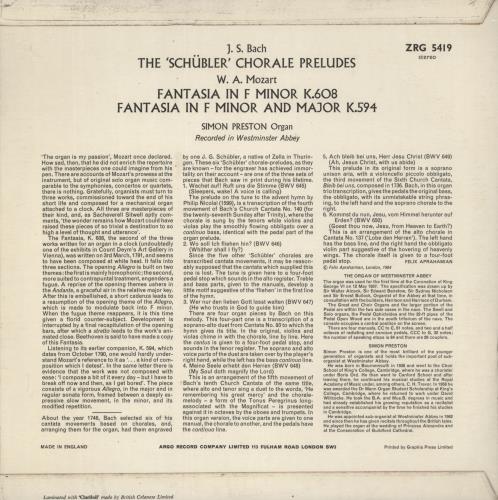 Simon Preston Mozart And Bach Organ Works vinyl LP album (LP record) UK YIOLPMO887422