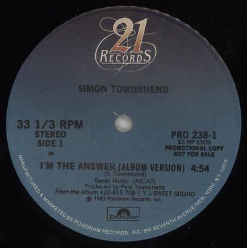 Simon Townshend I'm The Answer 12" vinyl single (12 inch record / Maxi-single) US ITW12IM92599
