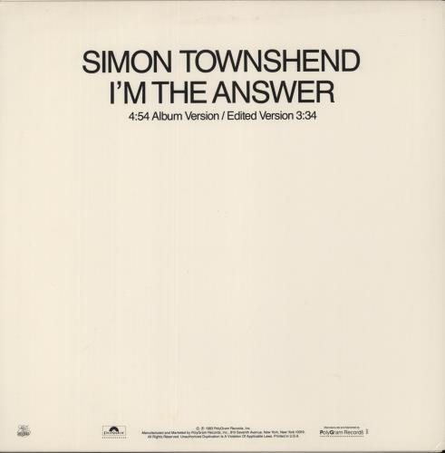 Simon Townshend I'm The Answer 12" vinyl single (12 inch record / Maxi-single) US ITW12IM92599