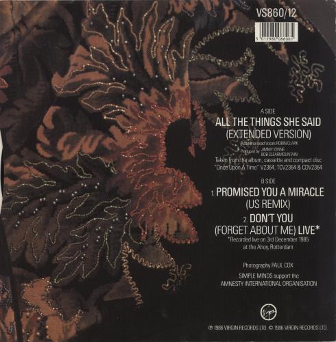 Simple Minds All The Things She Said 12" vinyl single (12 inch record / Maxi-single) UK SIM12AL10072