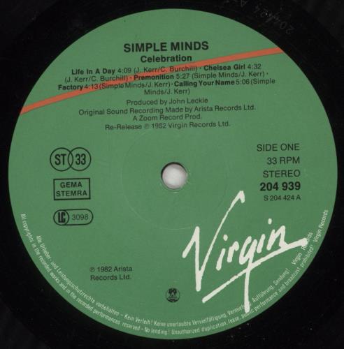 Simple Minds Celebration vinyl LP album (LP record) German SIMLPCE874423