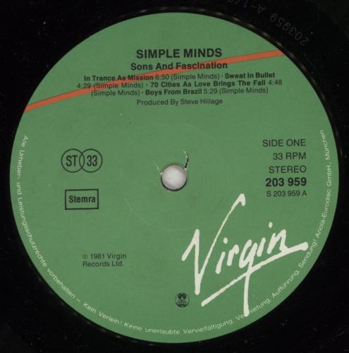 Simple Minds Sons And Fascination vinyl LP album (LP record) German SIMLPSO694964
