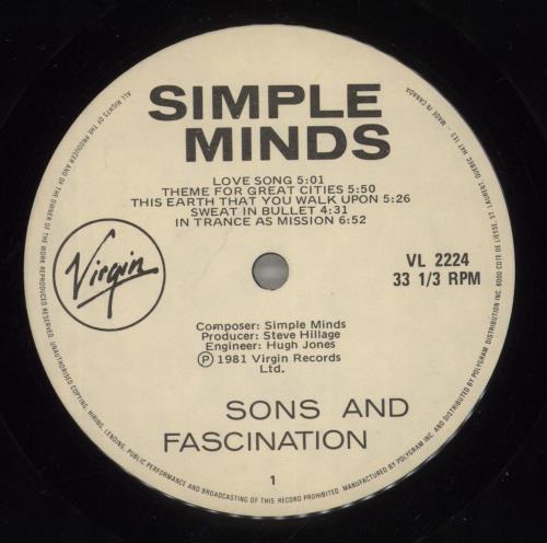 Simple Minds Sons And Fascination vinyl LP album (LP record) Canadian SIMLPSO882526
