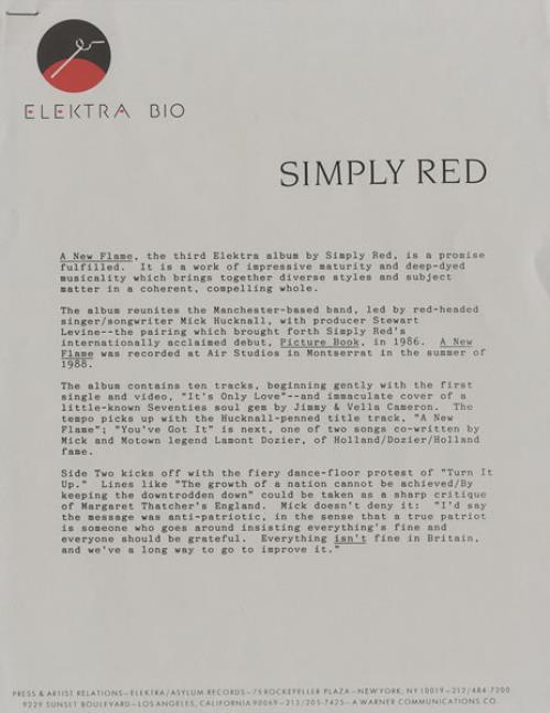Simply Red A New Flame + Publicity Photo media press pack US REDPPAN456121