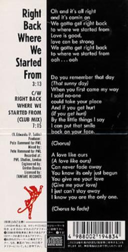 Sinitta Right Back Where We Started 3" CD single (CD3) Japanese SITC3RI72475