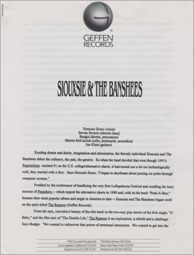 Siouxsie & The Banshees The Rapture - 4-page media press pack US SIOPPTH191801