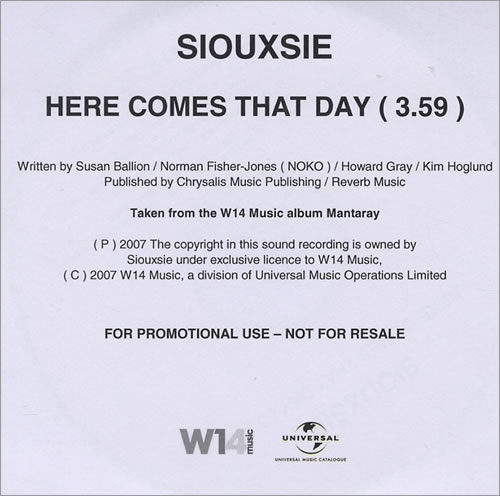 Siouxsie Sioux Here Comes That Day CD-R acetate UK 5-OCRHE422000