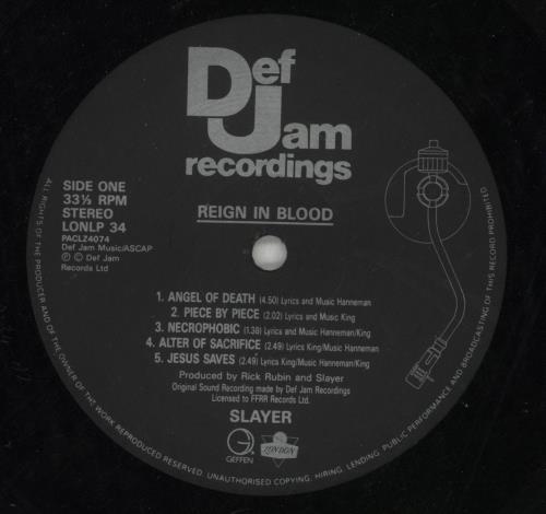 Slayer Reign In Blood + Inner - VG vinyl LP album (LP record) UK SLALPRE870563