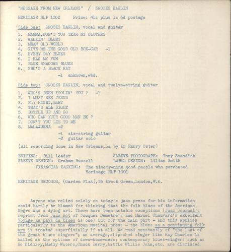 Snooks Eaglin Message From New Orleans + Insert vinyl LP album (LP record) UK EGILPME831093