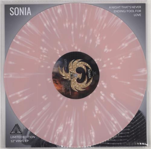 Sonia A Night Thats Never Ending/ Fool For Love - Pink & White Splatter Vinyl 12" vinyl single (12 inch record / Maxi-single) UK SNI12AN766286