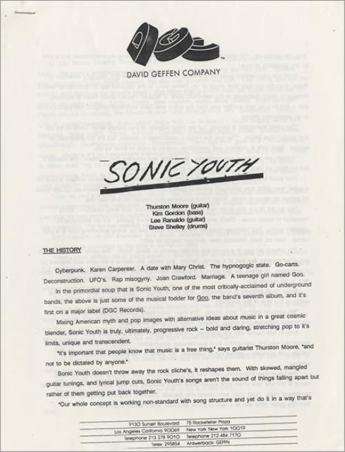 Sonic Youth Goo media press pack US S-YPPGO06489