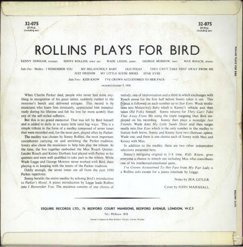 Sonny Rollins Rollins Plays For Bird - G/EX vinyl LP album (LP record) UK SOZLPRO802326