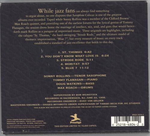 Sonny Rollins Saxophone Colossus CD album (CDLP) US SOZCDSA714725