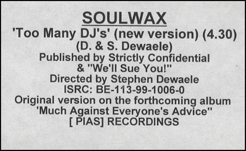 Soulwax Too Many DJ's video (VHS or PAL or NTSC) UK SWXVITO174865