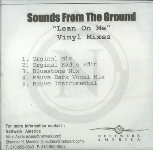 Sounds From The Ground Lean On Me - Vinyl Mixes CD-R acetate US SFGCRLE543689