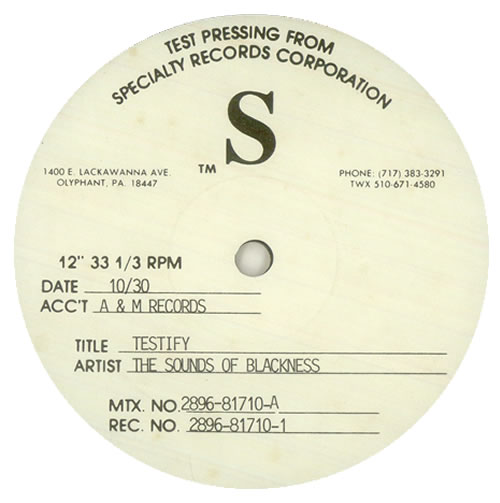 Sounds Of Blackness Testify - test pressing 12" vinyl single (12 inch record / Maxi-single) US SOB12TE457007
