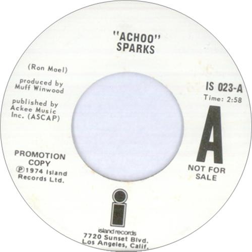 Sparks Achoo 7" vinyl single (7 inch record / 45) US SPA07AC67720