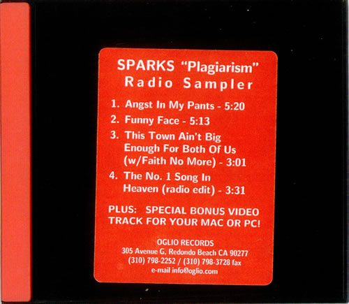 Sparks Plagiarism Radio Sampler CD single (CD5 / 5") US SPAC5PL133348