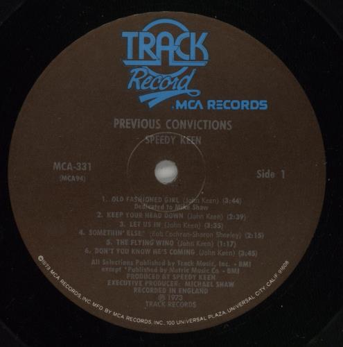 Speedy Keen Previous Convictions vinyl LP album (LP record) US S\KLPPR315150