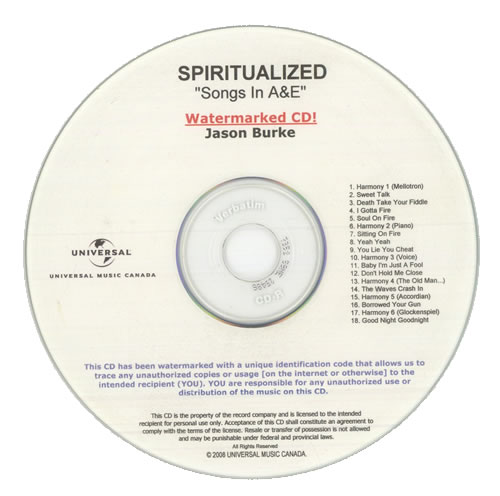 Spiritualized Songs In A & E CD-R acetate Canadian SPZCRSO504426