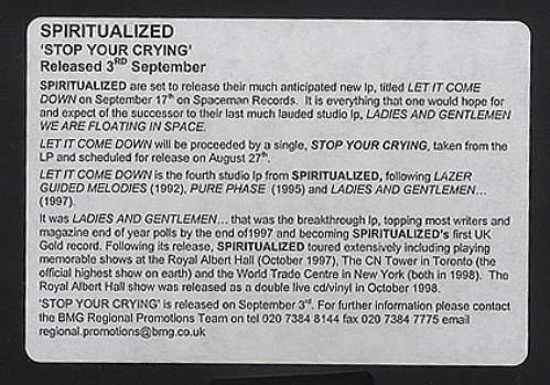 Spiritualized Stop Your Crying video (VHS or PAL or NTSC) UK SPZVIST199298