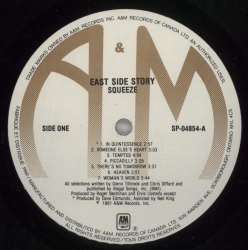 Squeeze Eastside Story vinyl LP album (LP record) Canadian SQULPEA880449