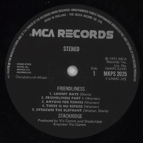 Stackridge Friendliness - VG vinyl LP album (LP record) UK KRDLPFR580329