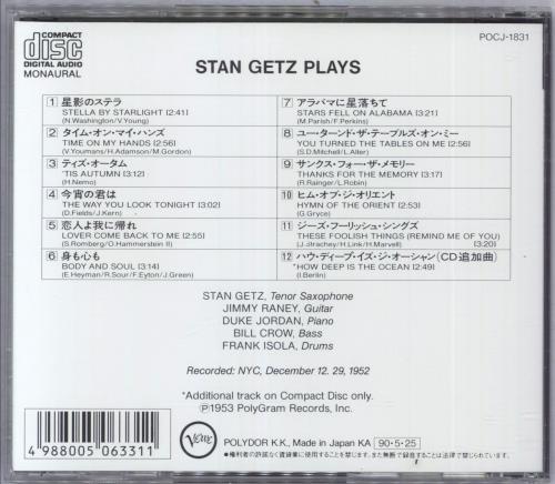 Stan Getz Stan Getz Plays CD album (CDLP) Japanese SGQCDST832666