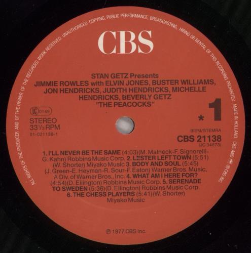 Stan Getz The Peacocks vinyl LP album (LP record) Dutch SGQLPTH880060