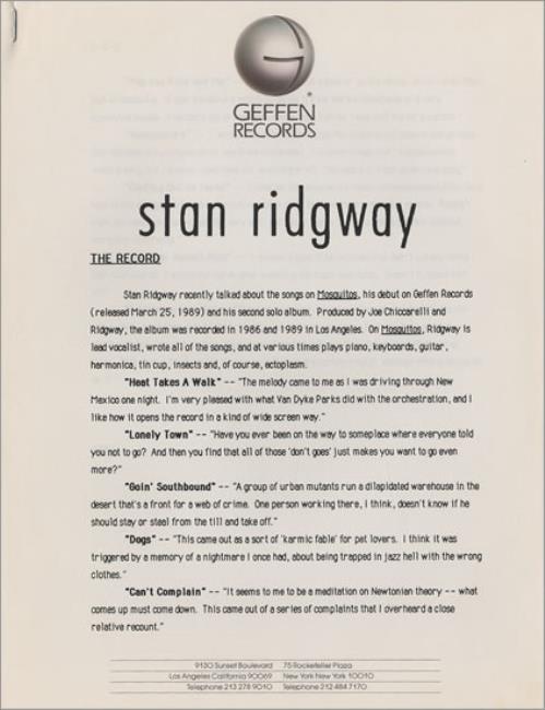 Stan Ridgway Mosquitos media press pack US SRGPPMO490510