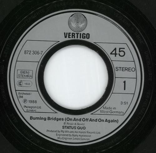 Status Quo Burning Bridges 7" vinyl single (7 inch record / 45) German QUO07BU870692