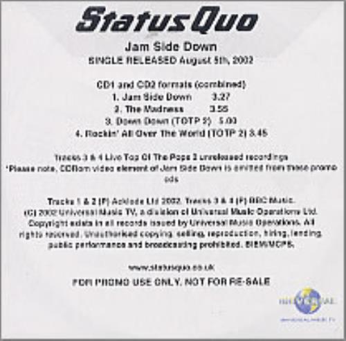 Status Quo Jam Side Down CD-R acetate UK QUOCRJA228887