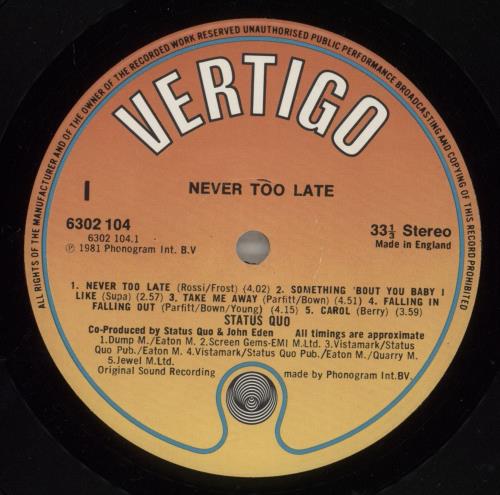 Status Quo Never Too Late vinyl LP album (LP record) UK QUOLPNE291054