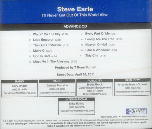Steve Earle I'll Never Get Out Of This World Alive CD album (CDLP) US EALCDIL548205